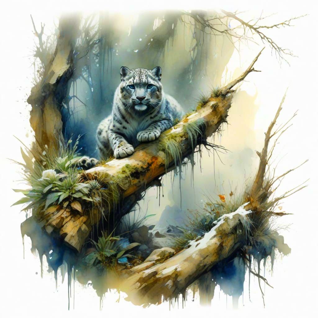 Ethereal Snow Leopard in a Frozen Alpine Realm