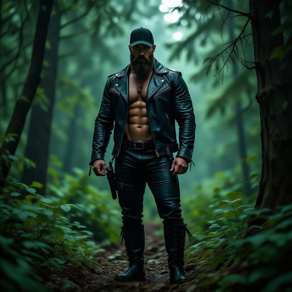 Photorealistic Man in Leather in Dense Forest