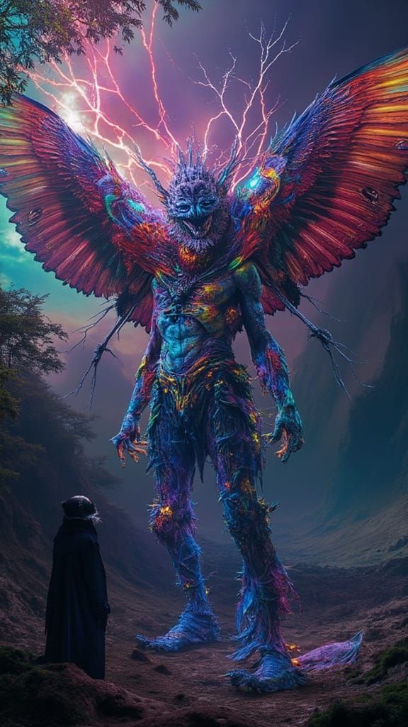 Fractured Mind: Man in Moth Costume with Rainbow Lightning