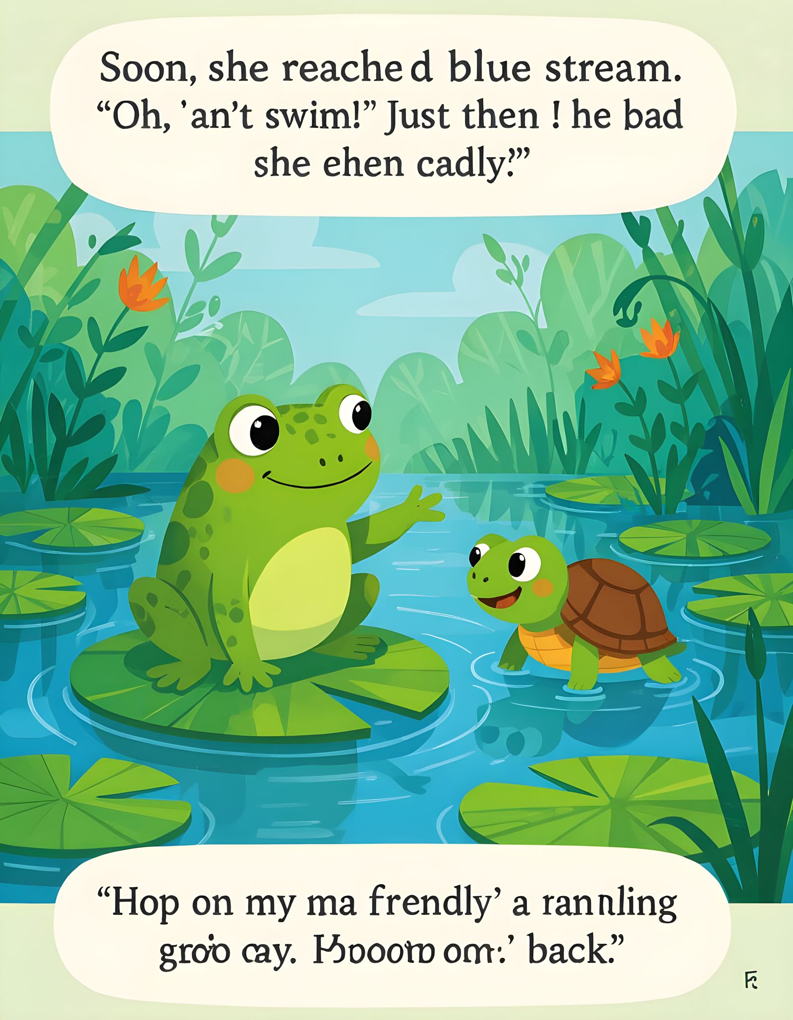 Cute Frog Helps Turtle Cross Stream in Cartoon Style
