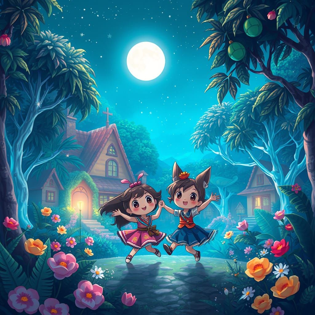 Anime Jungle Dance: Cute Creatures in a Starry Night