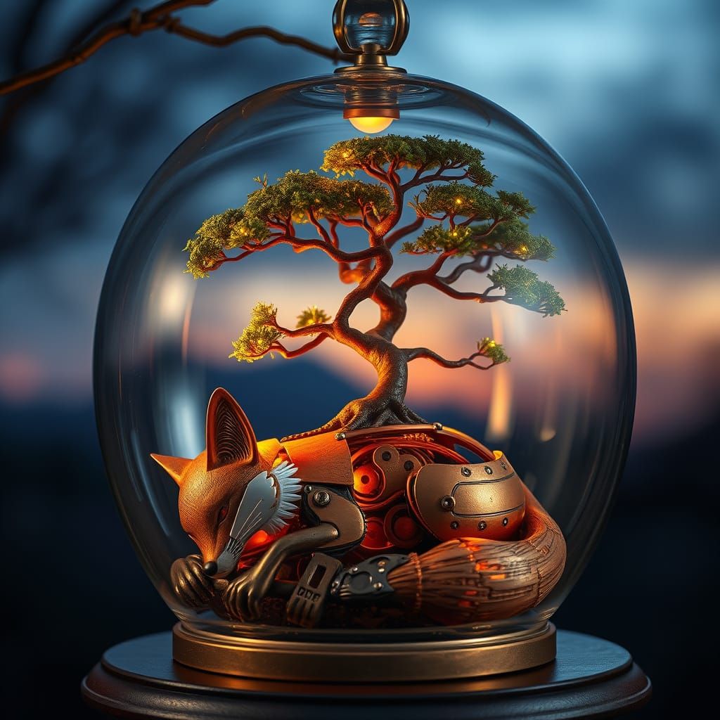 Copper Mechanical Fox Dozing Under Bonsai Tree