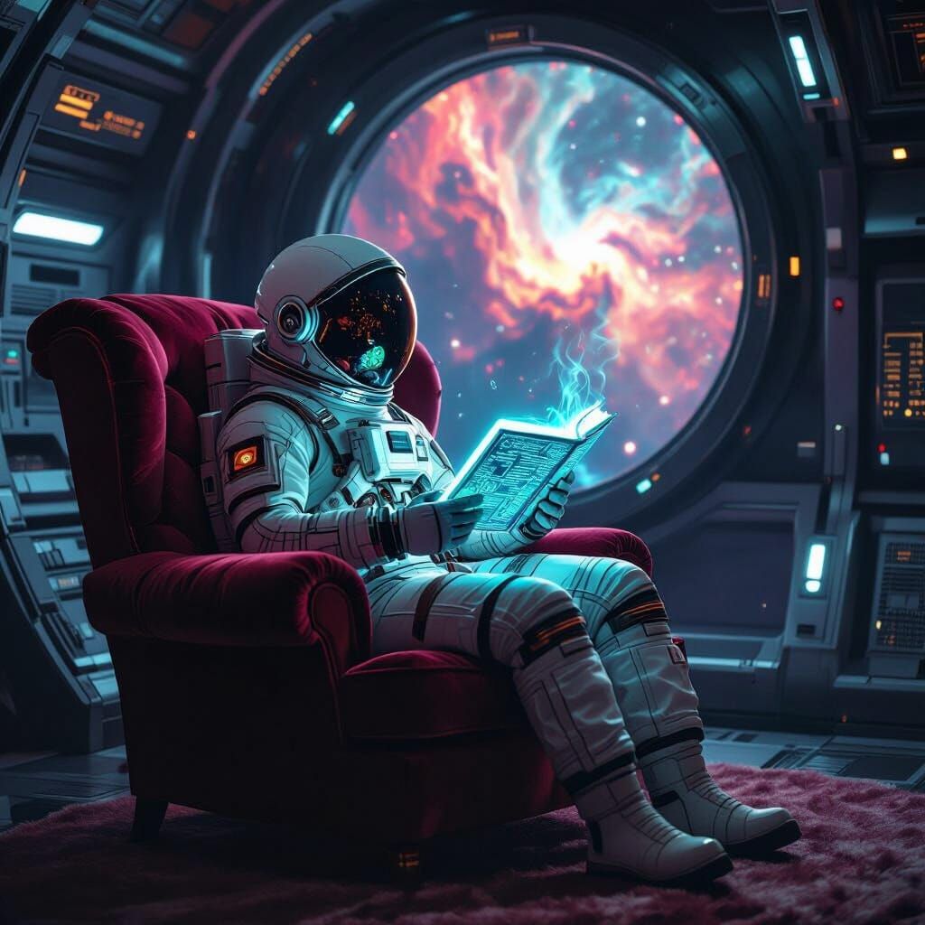 Astronaut Reading in Futuristic Spaceship Cabin