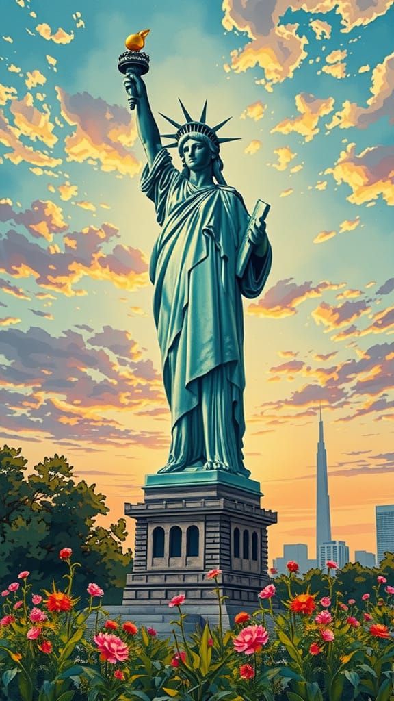 Statue of Liberty in Bright Morning Sunlight, Watercolor Sty...