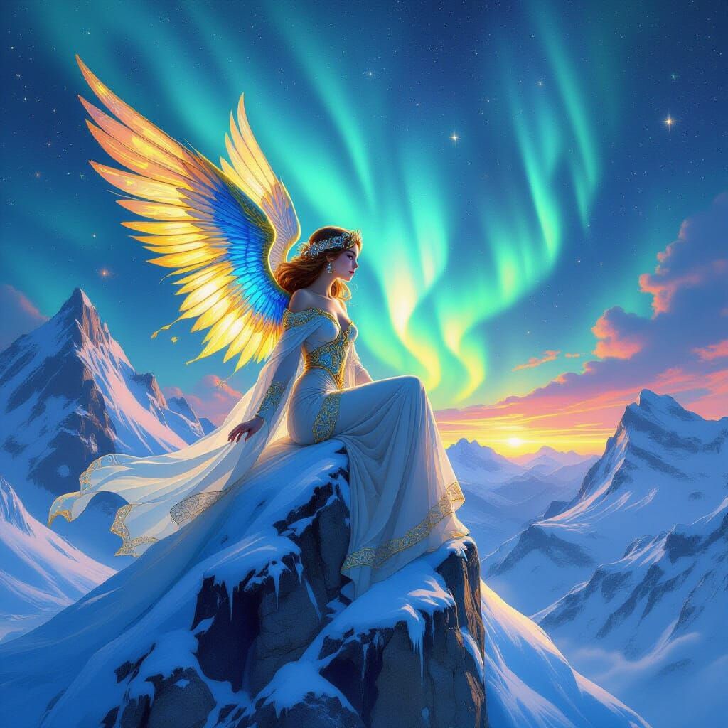 Jugendstil Girl with Gold Feathers Under Aurora Borealis