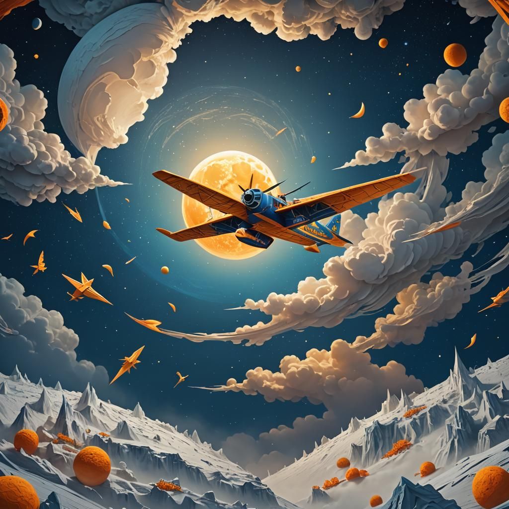 Paper Airplane Soaring Around the Moon in Fantasy Art