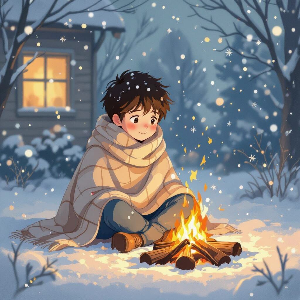 Boy by Bonfire in Animated Whimsical Style