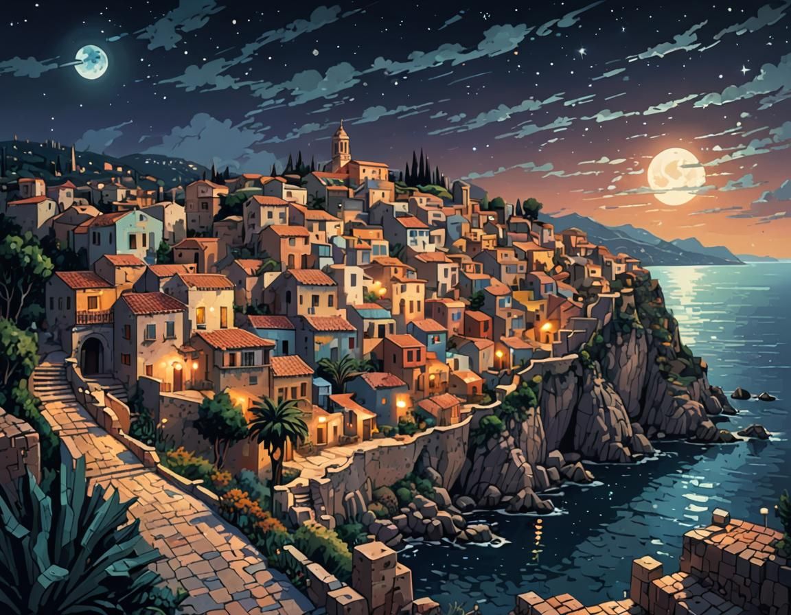 Mediterranean Town in Geometric Pixel Art Style