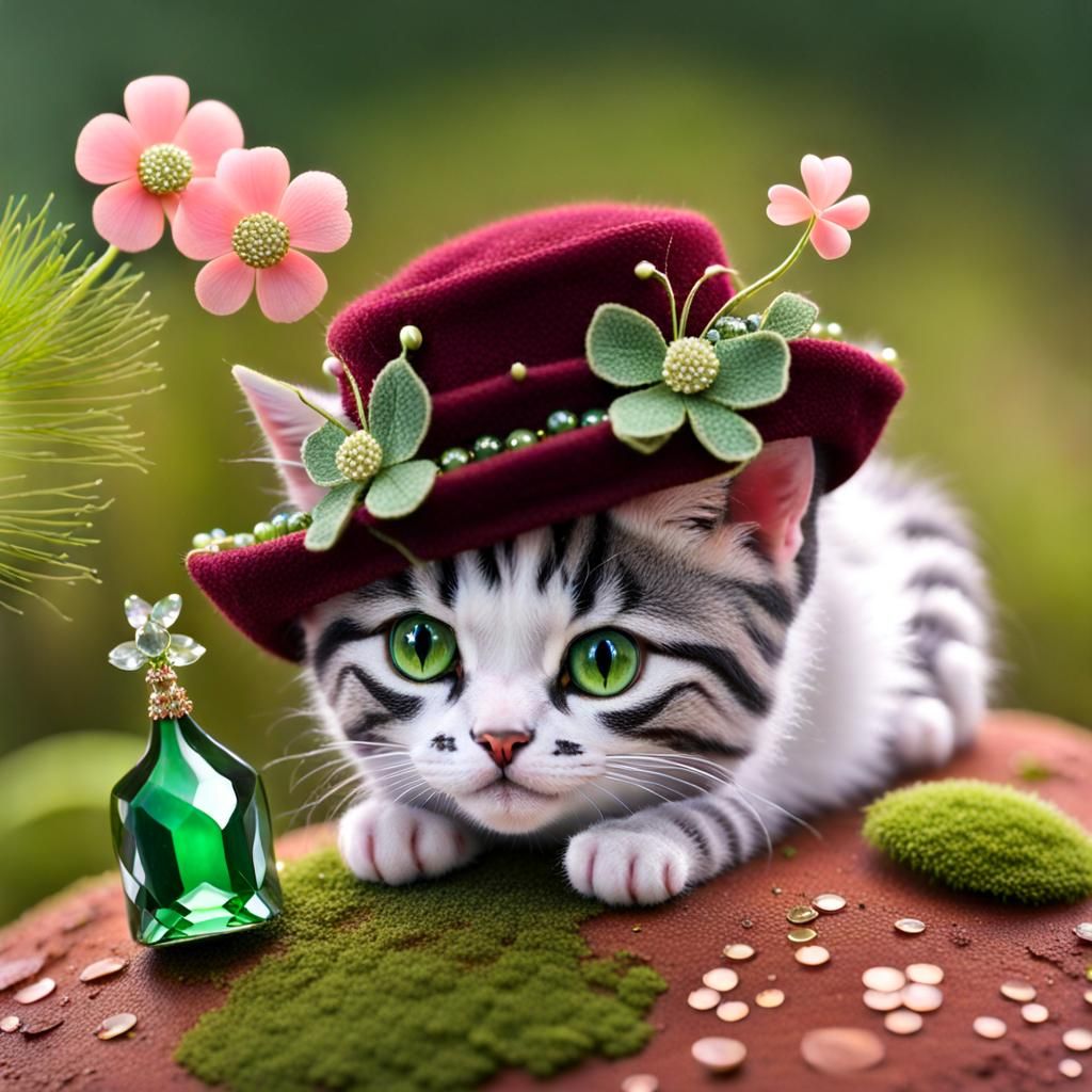Flower Kitten with Shamrock and Dewdrop Moss
