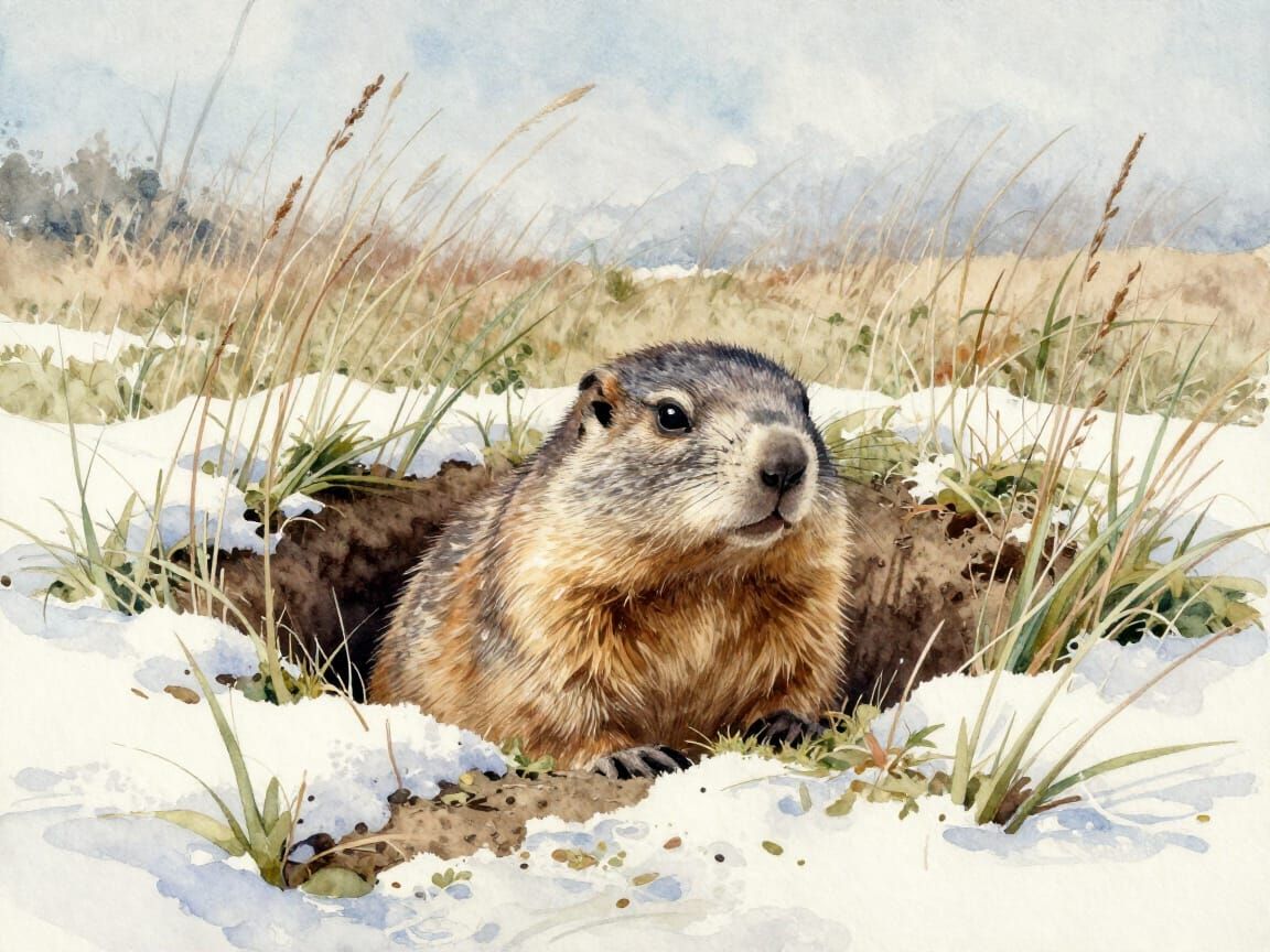 Groundhog Emerges From Snowy Burrow in Watercolor Style