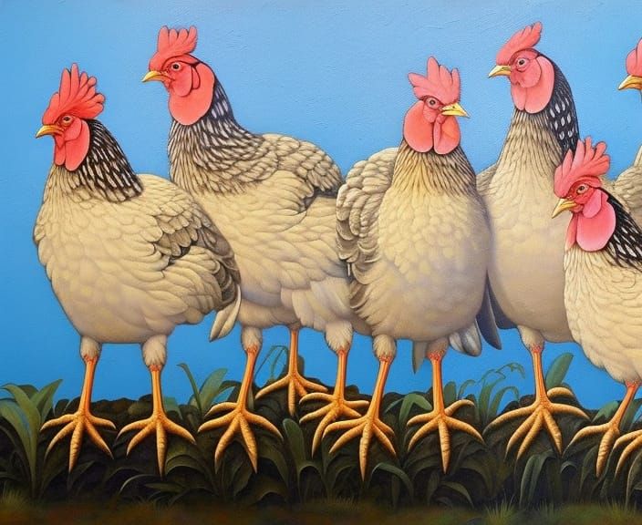 Humorous Chicken Group in Romantic Painting Style