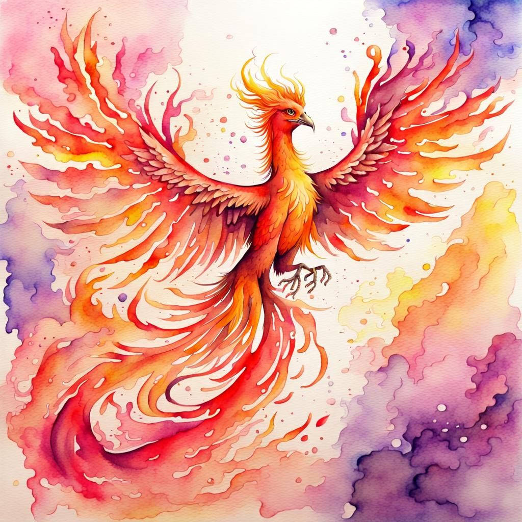 Flying Phoenix in Magical Watercolor Style