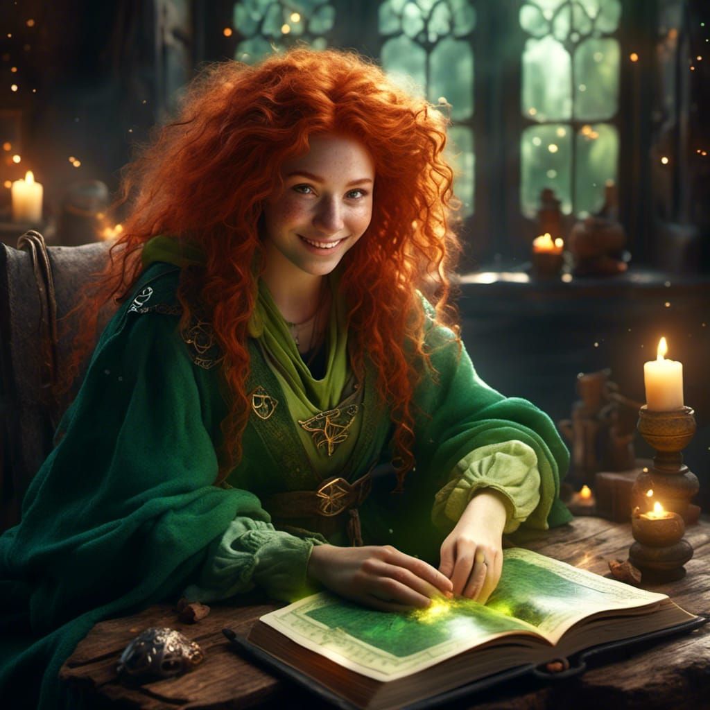 Beautiful Young Wizard Reading Spell Book in Hyperrealism