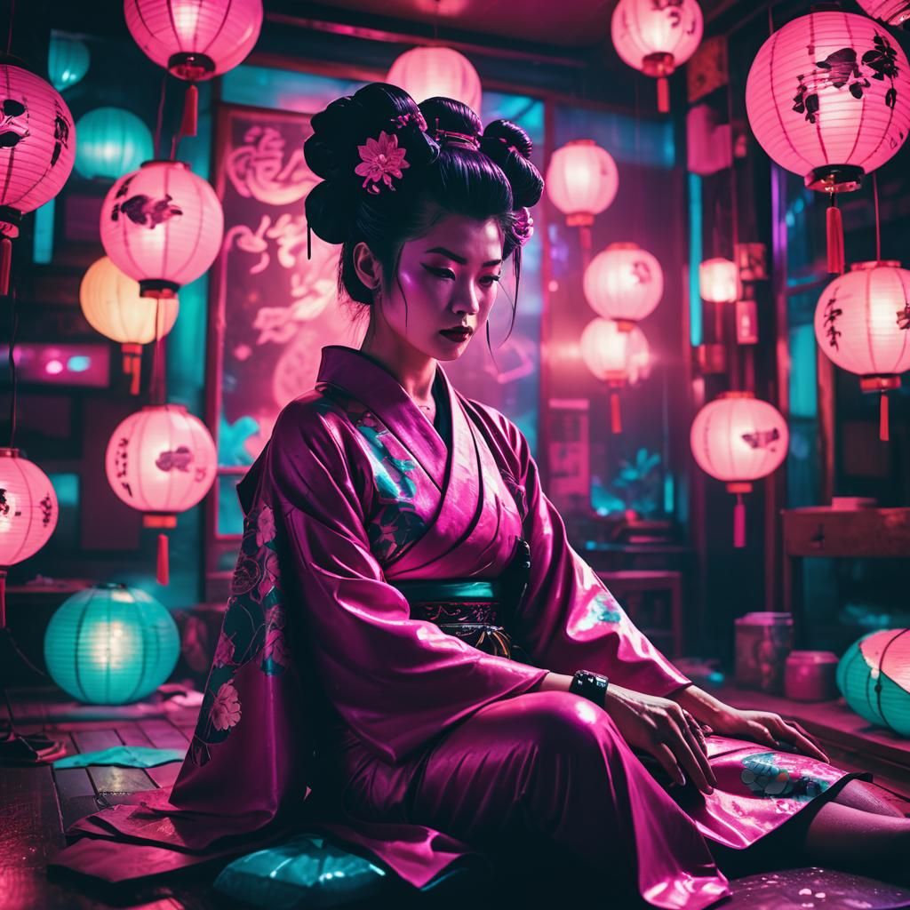 Geisha in Neon Brothel: Synthwave Retro Scene