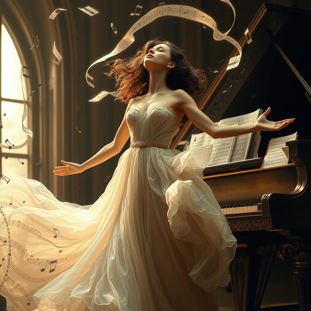 Ethereal Woman Surrounded by Music Notes
