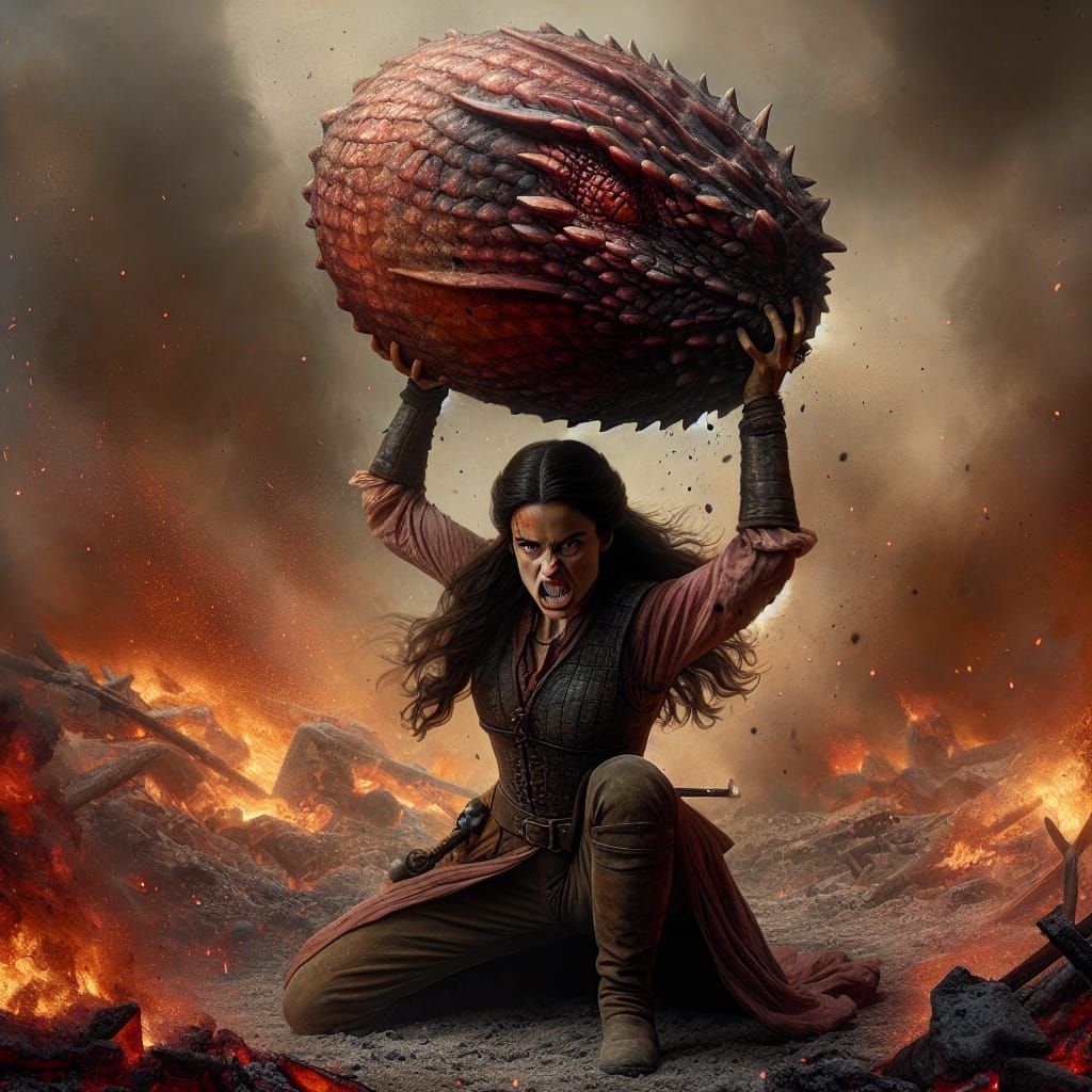 Dragon Slayer in Burning Village, Oil Matte Painting