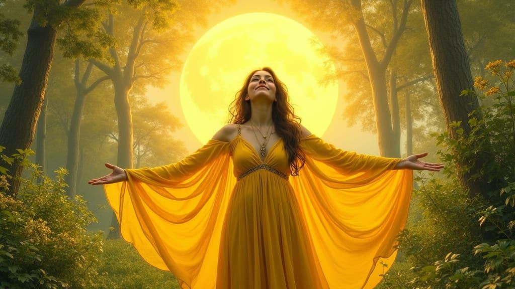 Woman Embracing Radiant Yellow Lunar Sun in Serene Natural S...