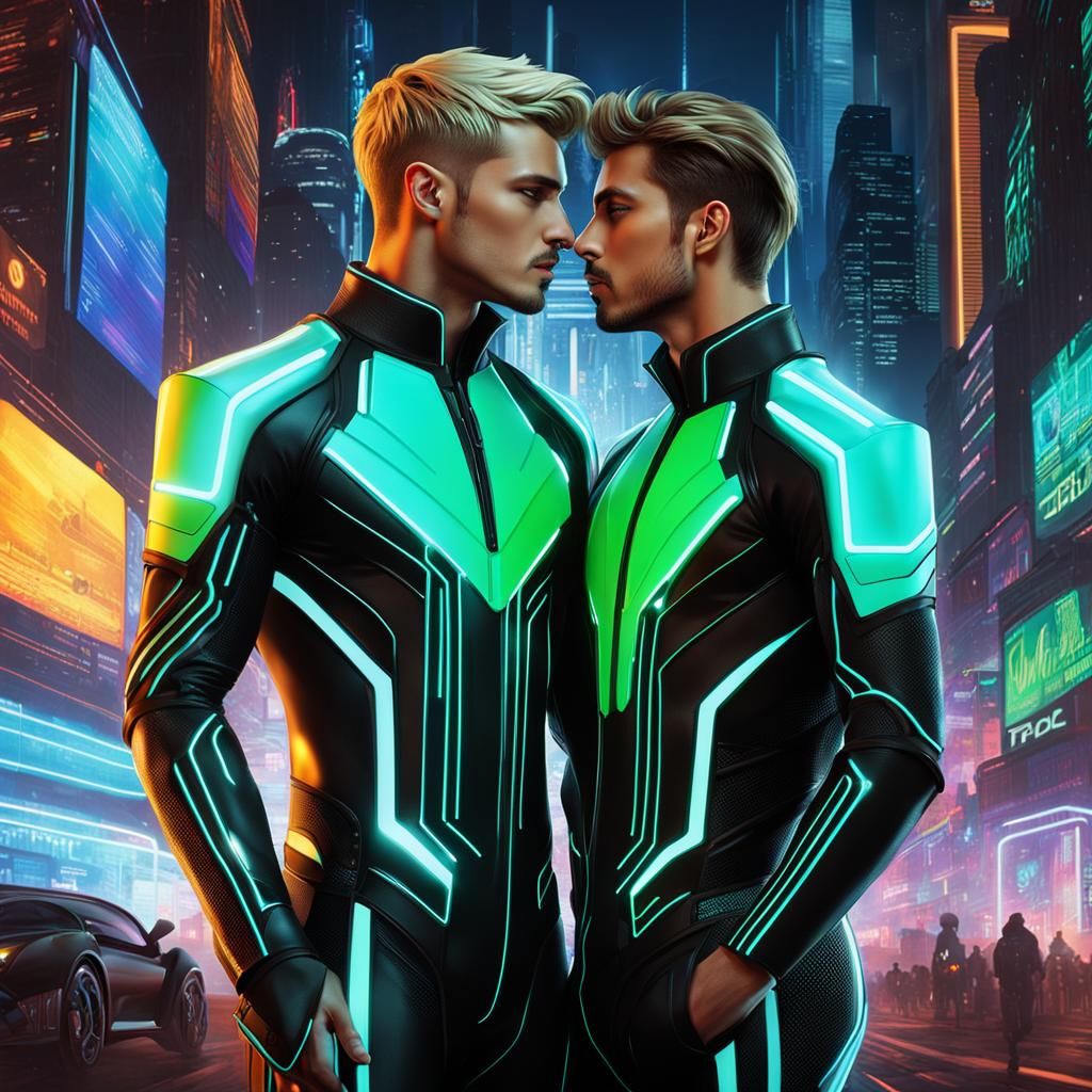 Cyberpunk Couple's Kiss: Tron-Inspired Art Nouveau