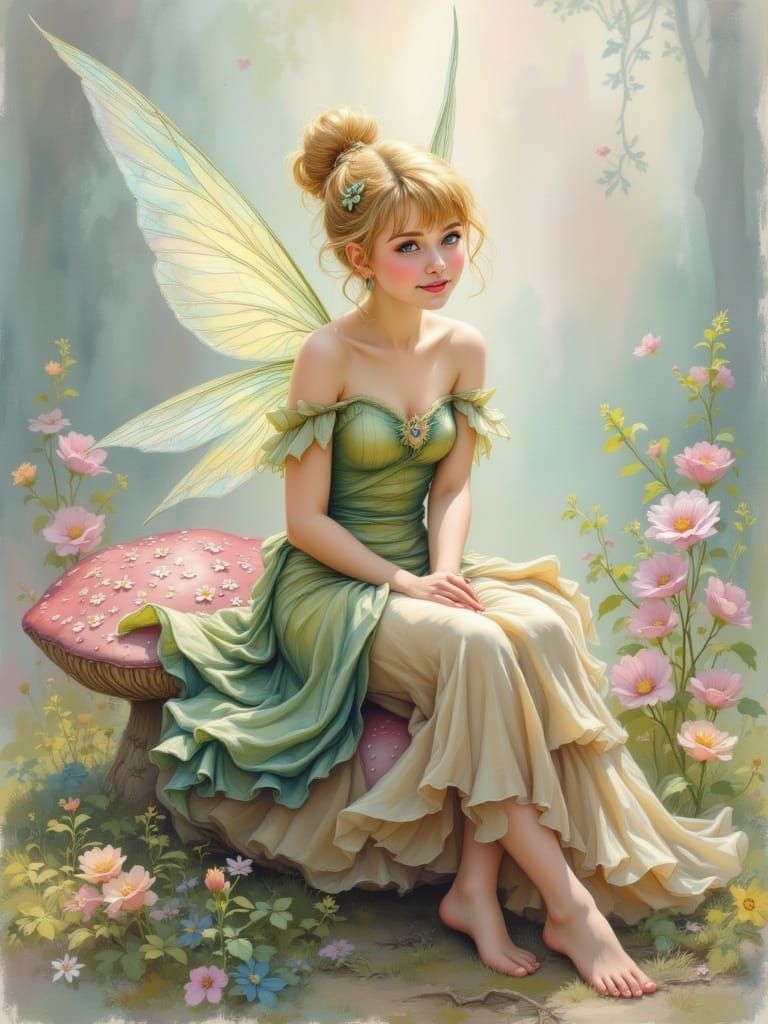 Tinkerbell on Toadstool in Pastel Oil Style