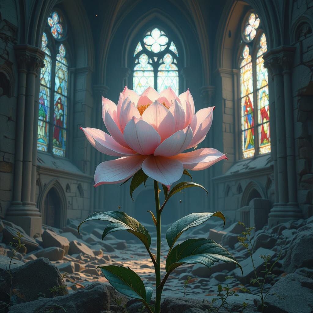 Flower Blooms in Ruined Church, Fantasy Concept Art