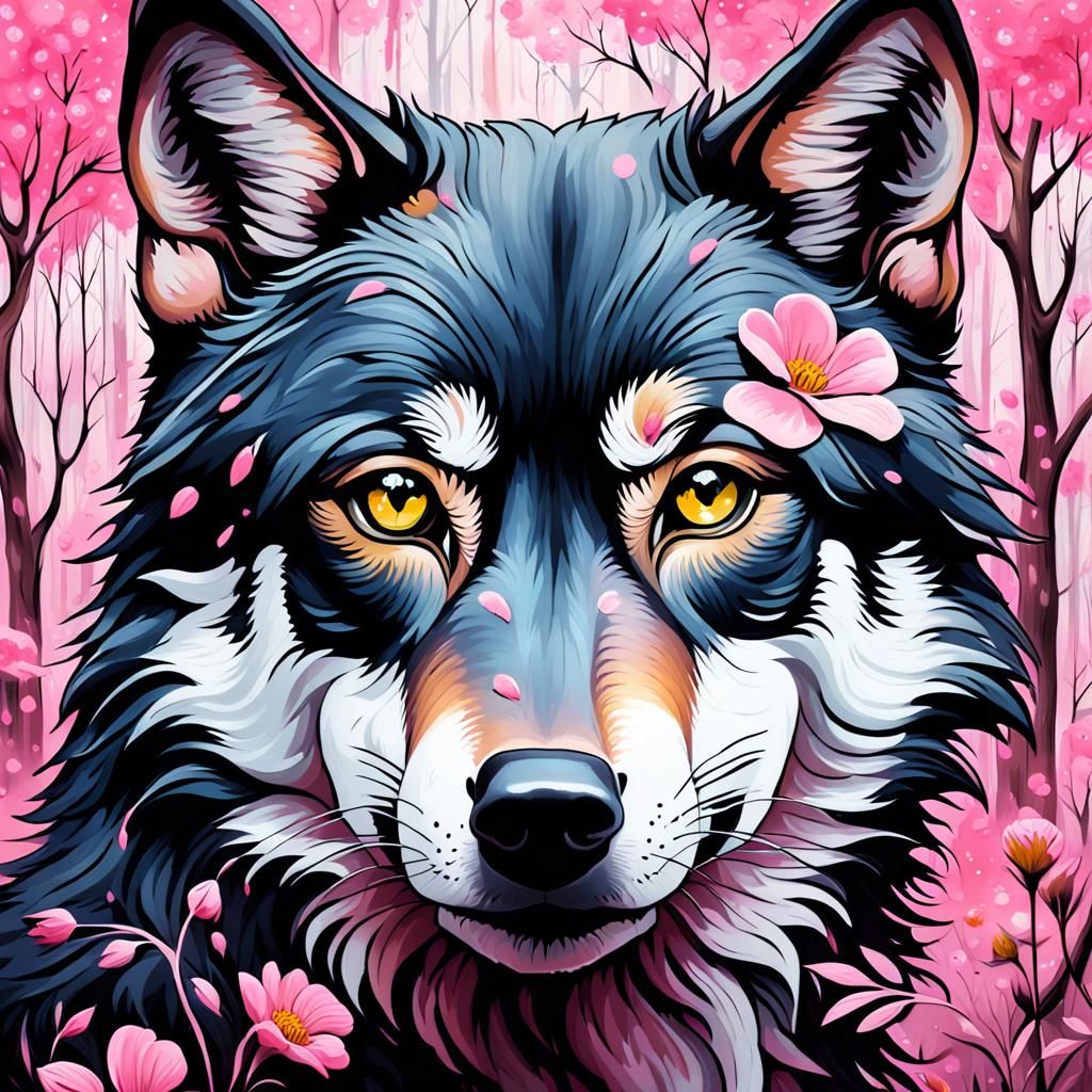 Elegant Black Wolf in Vibrant Pink Forest Graffiti Art