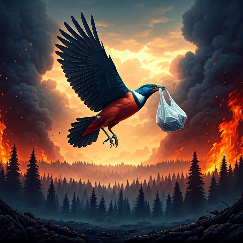 Bird in Flight Amidst Apocalyptic Landscape