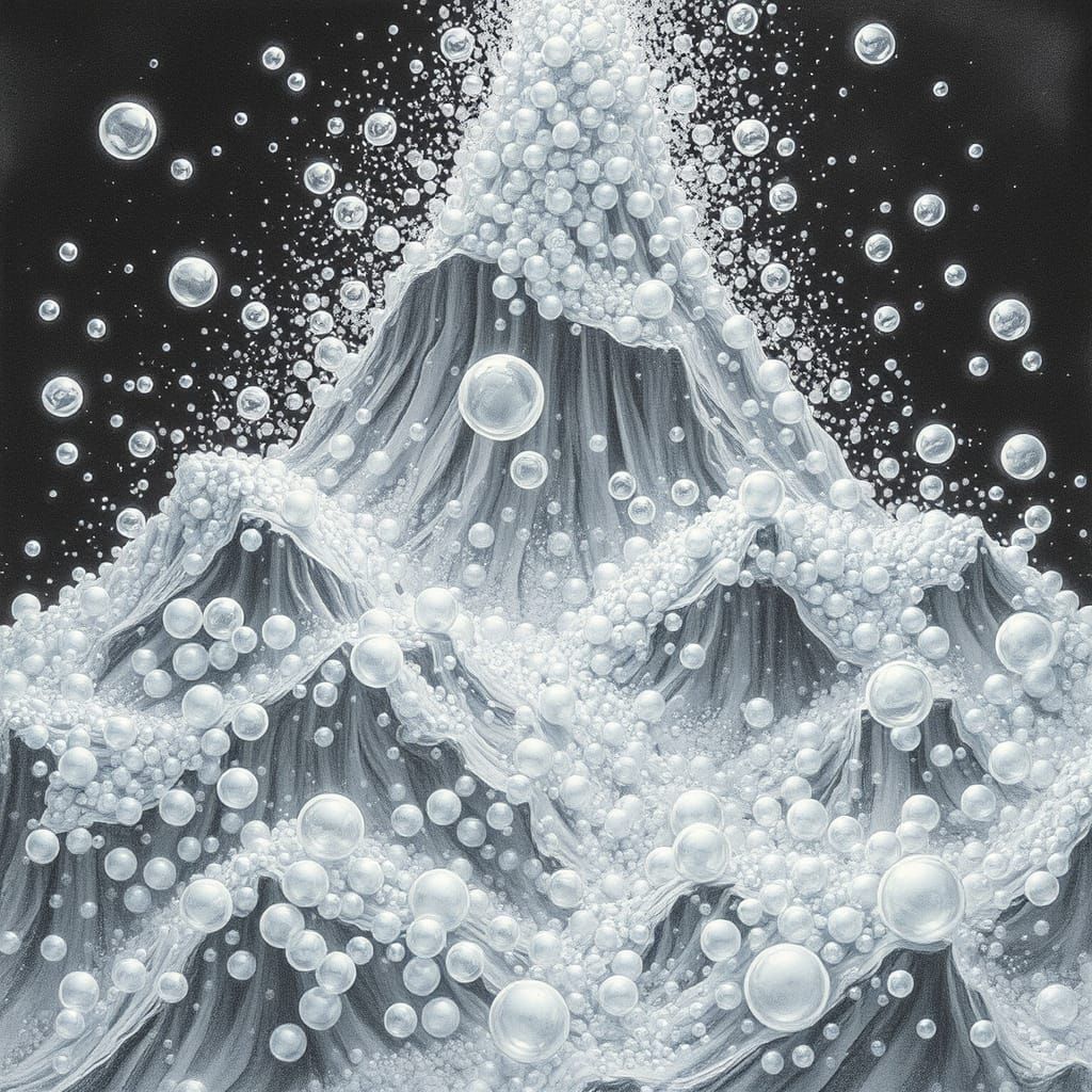 Iridescent Bubble Avalanche in Charcoal Drawing Style
