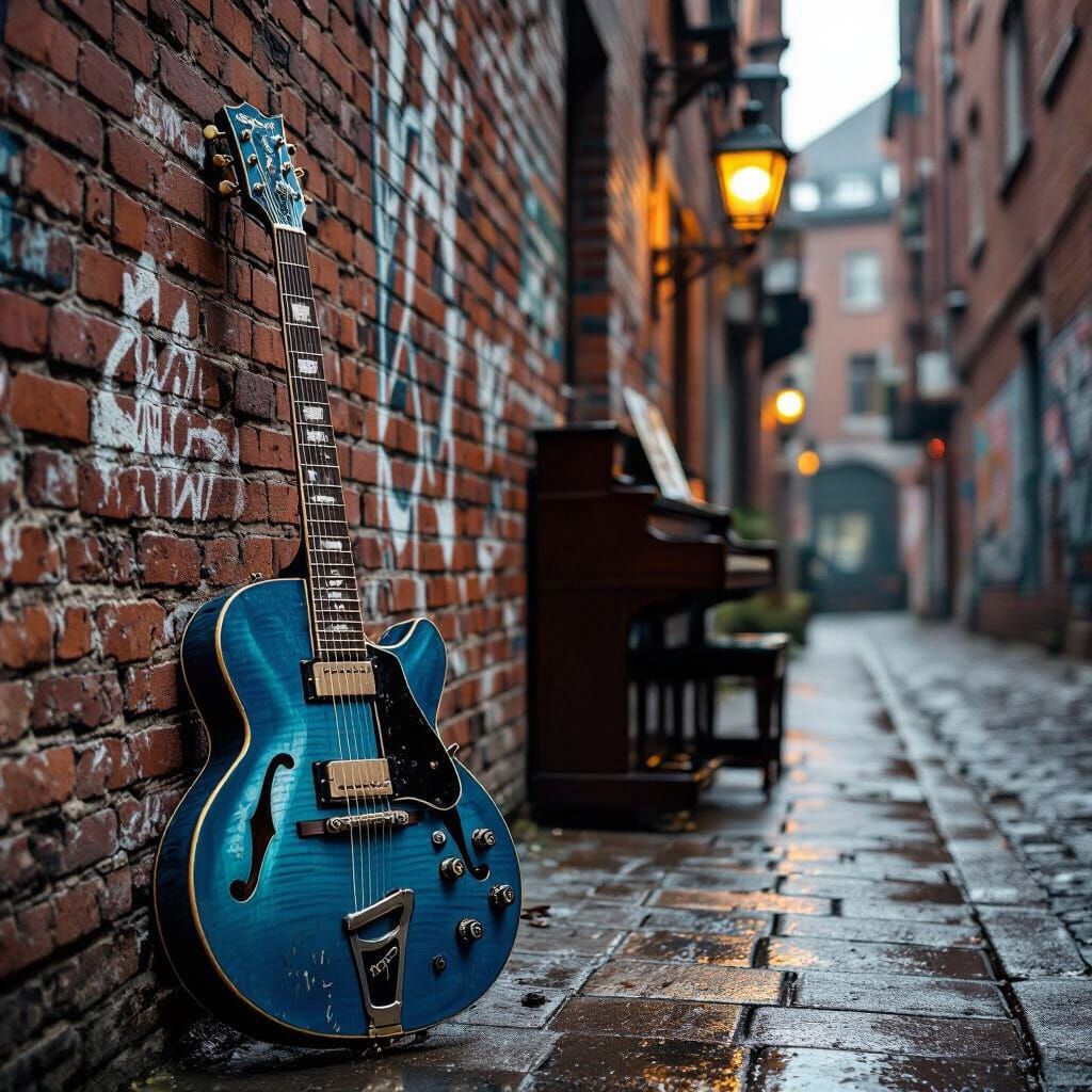 Blues Guitar and Piano in Dark Alley, Photorealistic Style