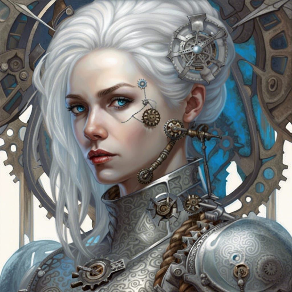 Fierce Woman in Mechanical Armor with Mirror Images