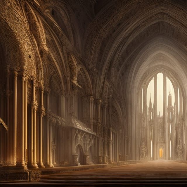 Church Interior: Divine Moonlight, Rose Window, Brutalist Ar...