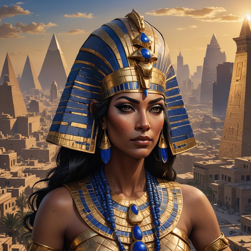 Egyptian Goddess Neith in Modern Cityscape