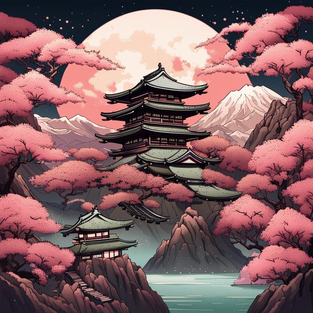 Japanese House with Cherry Trees and Planet
