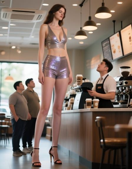 Extremely Tall Woman in Glitter Shorts at Coffee Shop