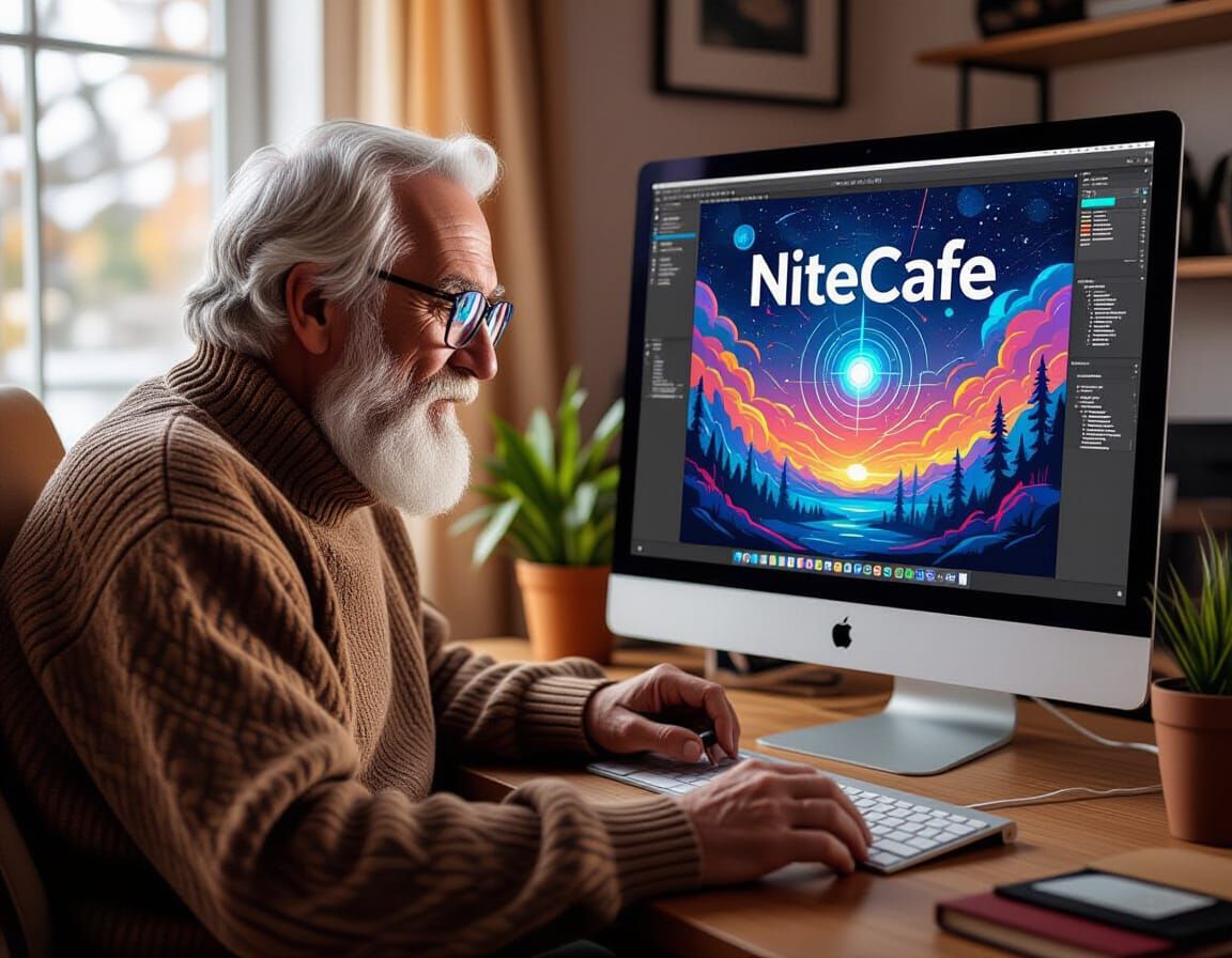 Old Man Creates Digital Art in Retro-Futuristic Style