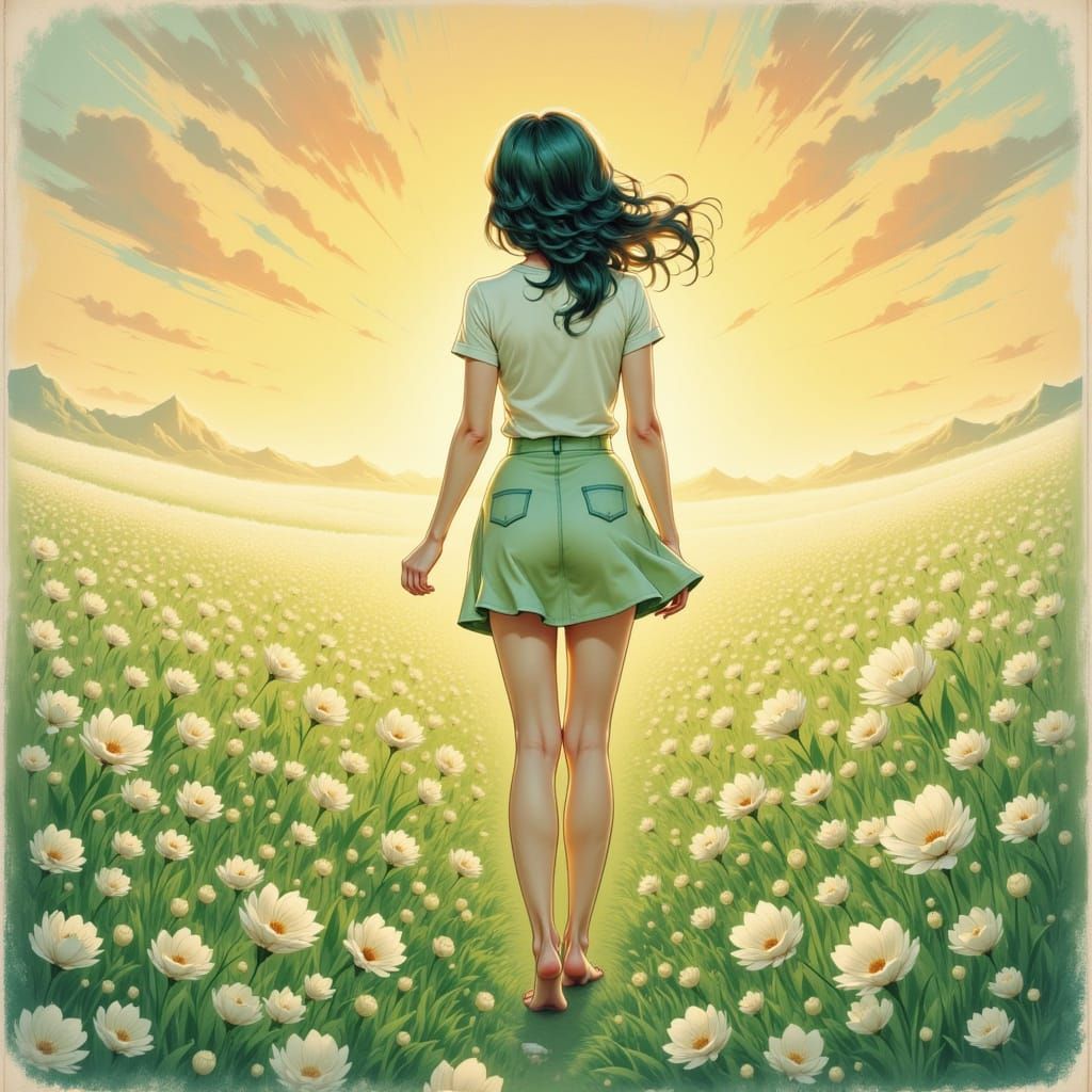 Anime Woman in Flower Field at Sunset