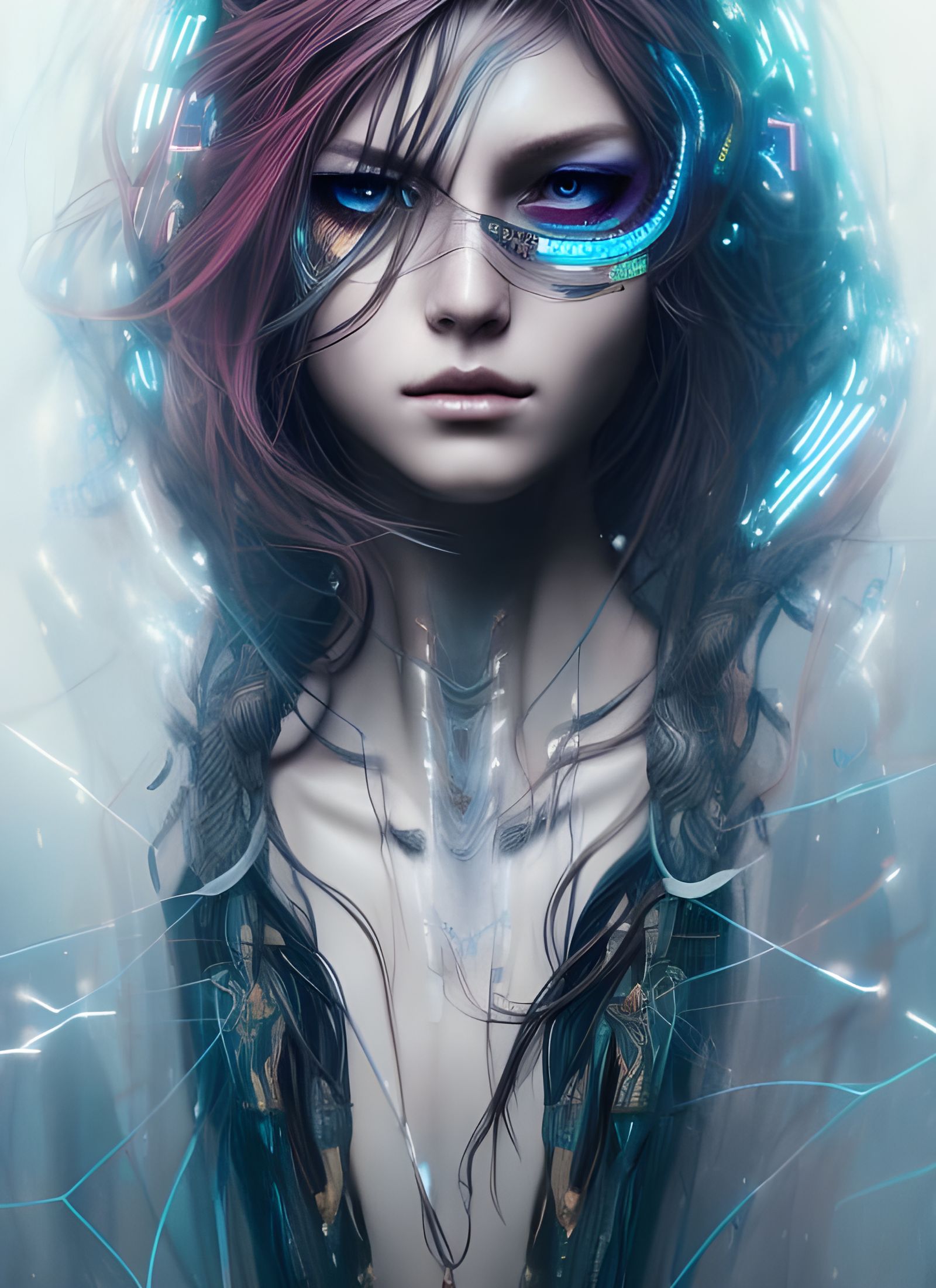 Cyberpunk Goddess with Flowing Silver Hair