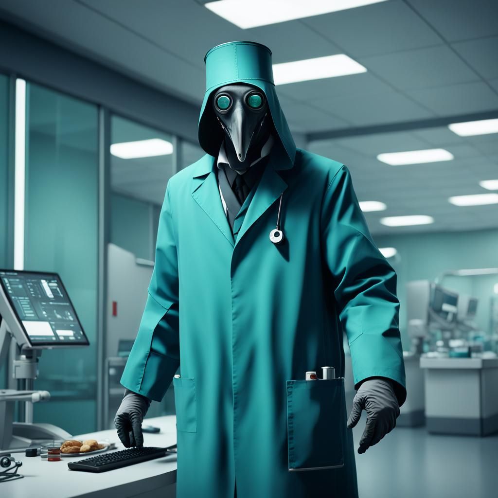 Plague doctor at a modern hospital