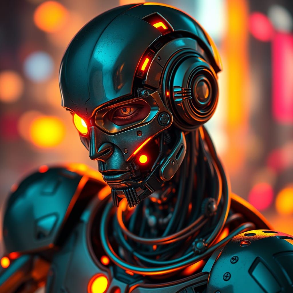 Orange Glowing Cybernetic Man in Backlight