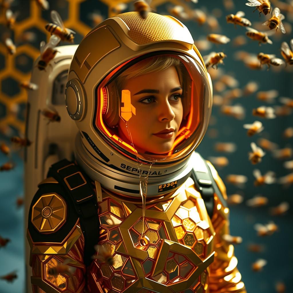 Astronaut in Neon Gold Dress with Honeycomb, Hyperrealistic