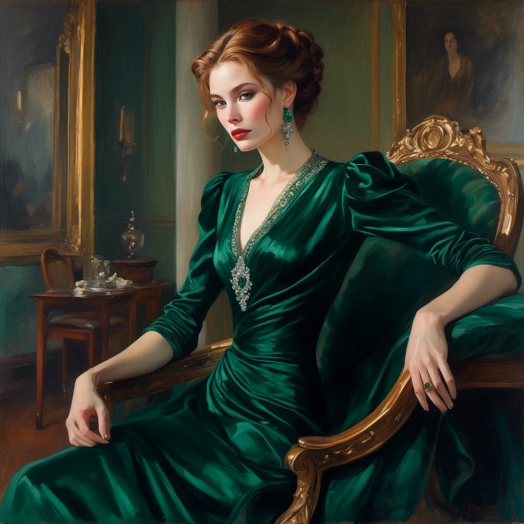 Elven Woman in Green Velvet Gown with Emerald Pendant