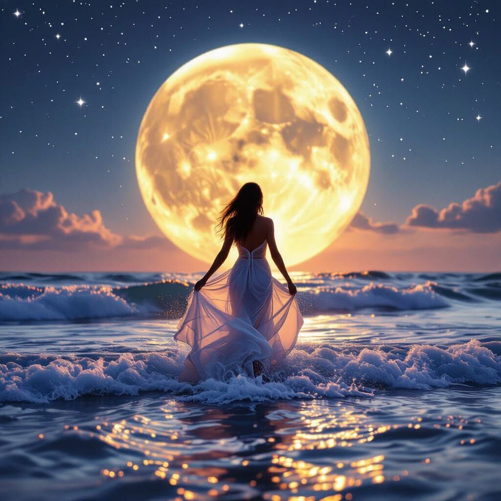 Woman Dancing in Ocean Vortex Under Moonlit Stars