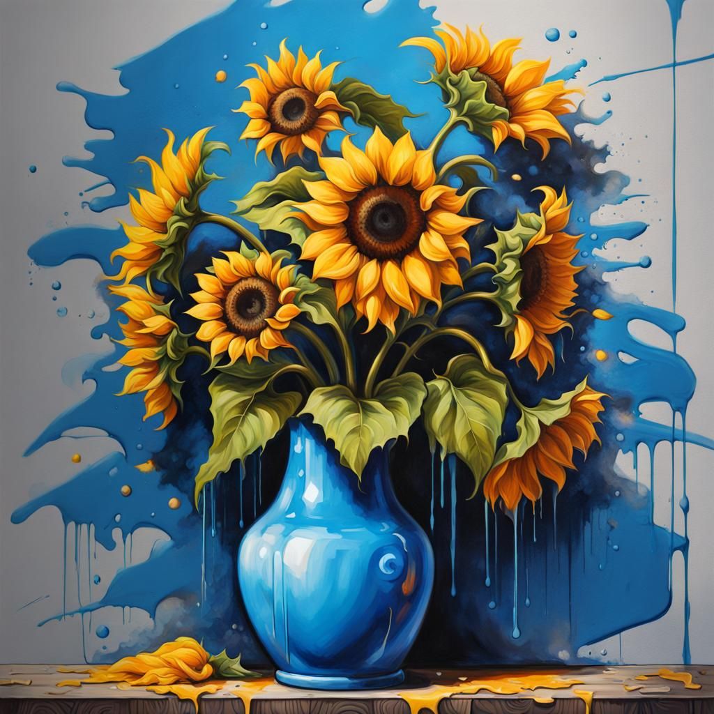 Sunflowers in Blue Vase: Graffiti Splash Art