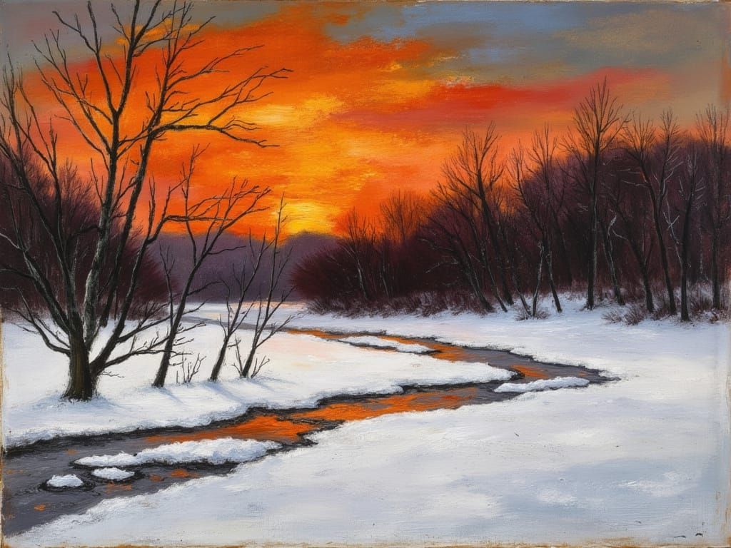 Twilight Snowfield Painting with Crooked Path