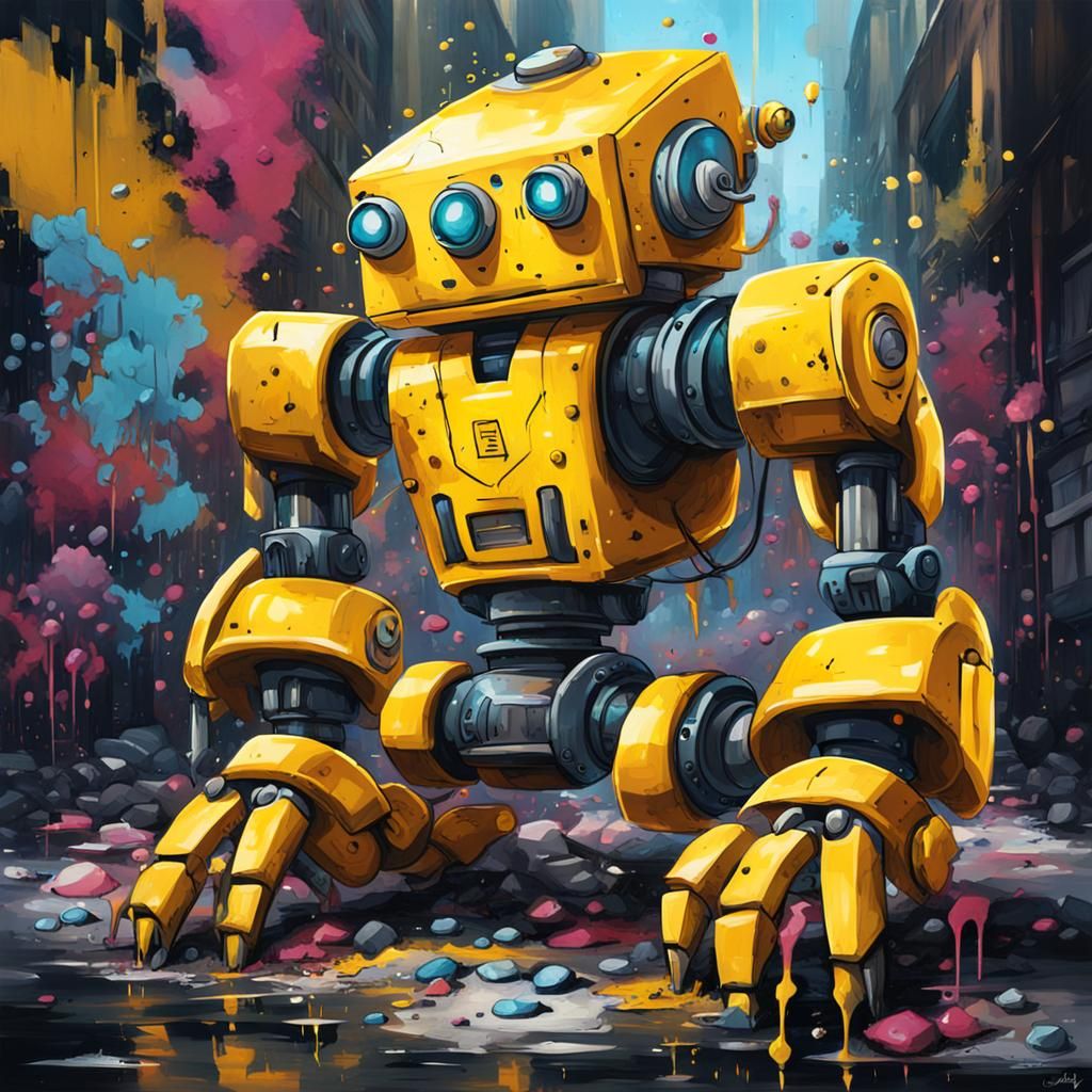 Yellow Robot with Claw Arms in Graffiti Art