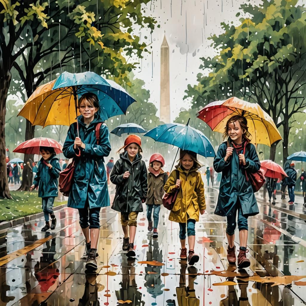 Children Splashing with Umbrellas: Watercolor Impressionism