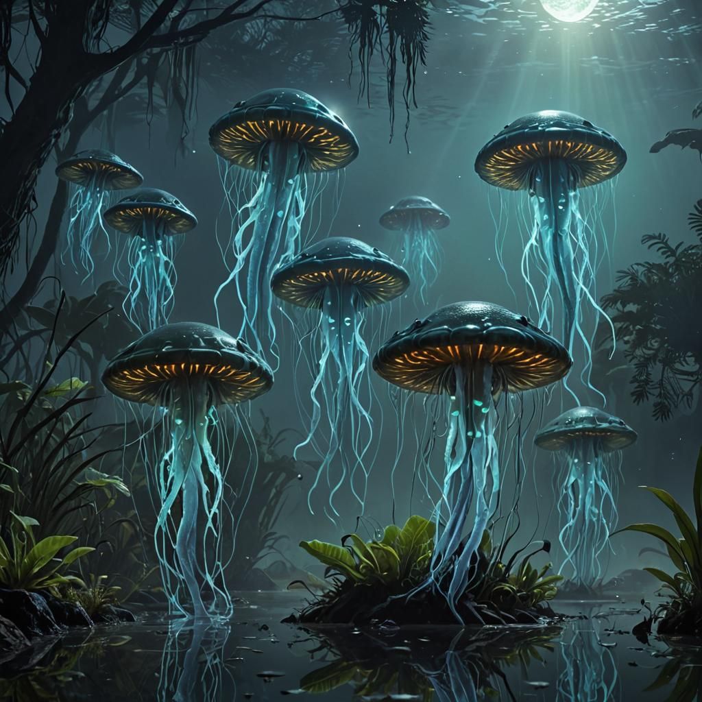Bioluminescent Alien Amphibians on Exoplanet in Haeckel Styl...