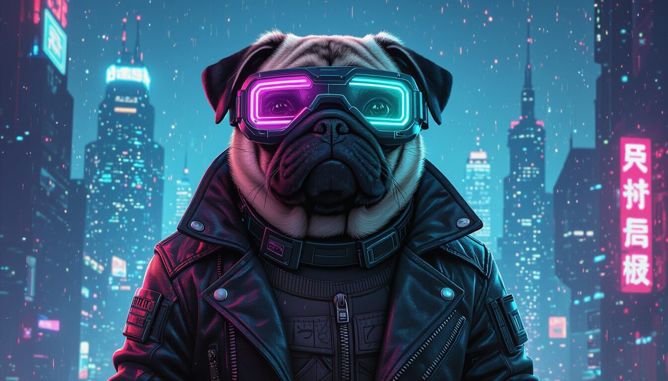Cyberpunk Pug in Neon Cityscape