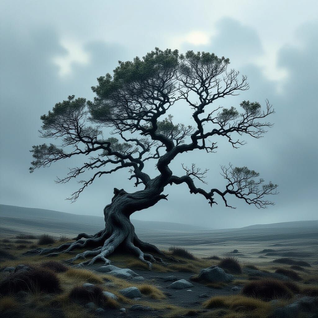 Ancient Tree on Windswept Moor in Gothic Style