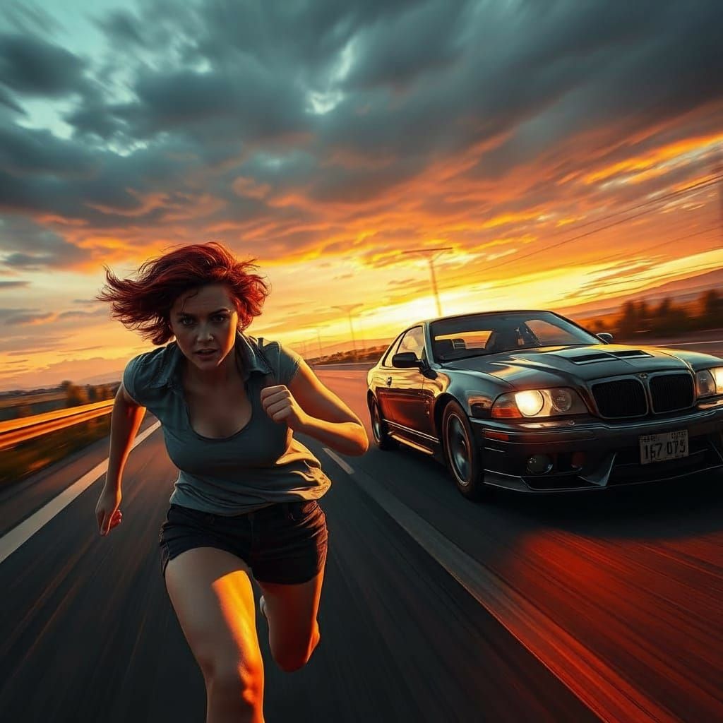 Woman Running Alongside Speeding Car on Highway