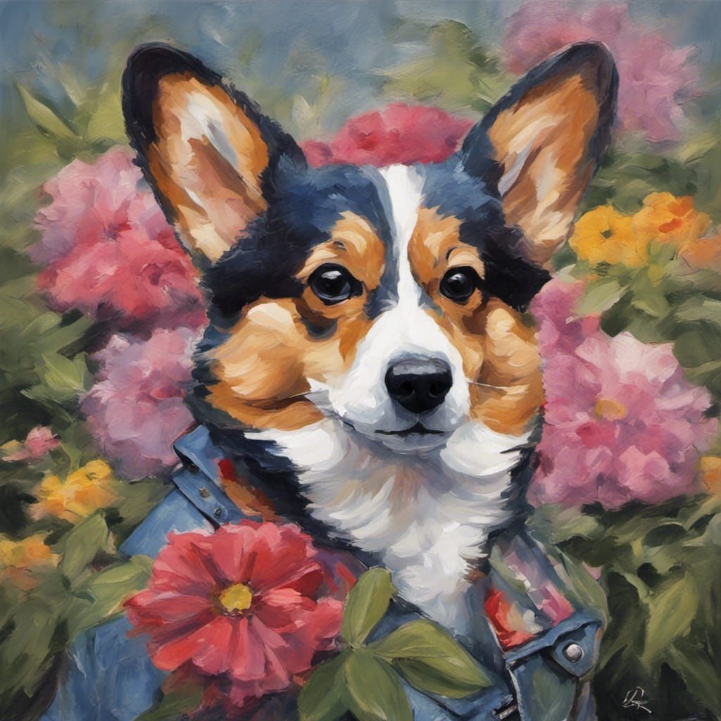 Sad Corgi in Denim Jacket: Impressionist Oil Painting